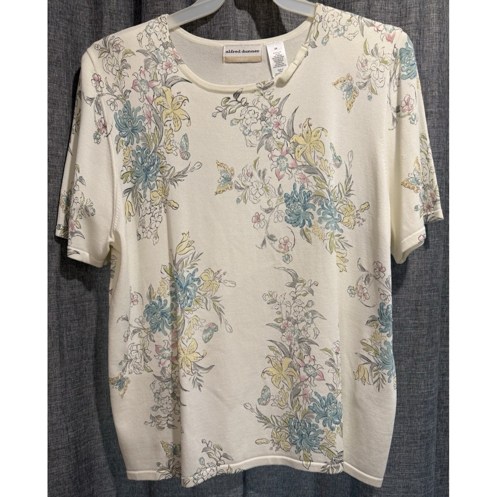Alfred Dunner Vintage Short Sleeve‎ Sweater Shirt Floral Beaded Womans 2X